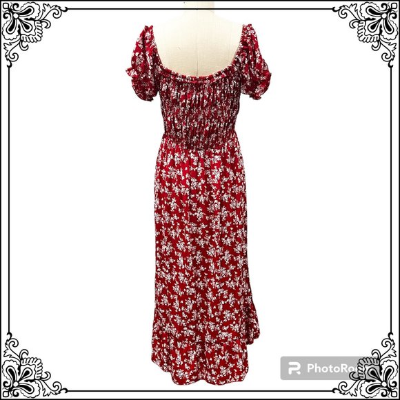 SUCREFAS Floral Ruffle-Hem Off-The-Shoulder Midi Dress - Size L - Picture 5 of 7